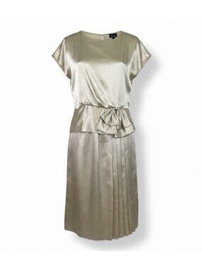 Jamie Womens Champagne Satin Pleated Dress With Bow Detail & Cap Sleeves Size M
